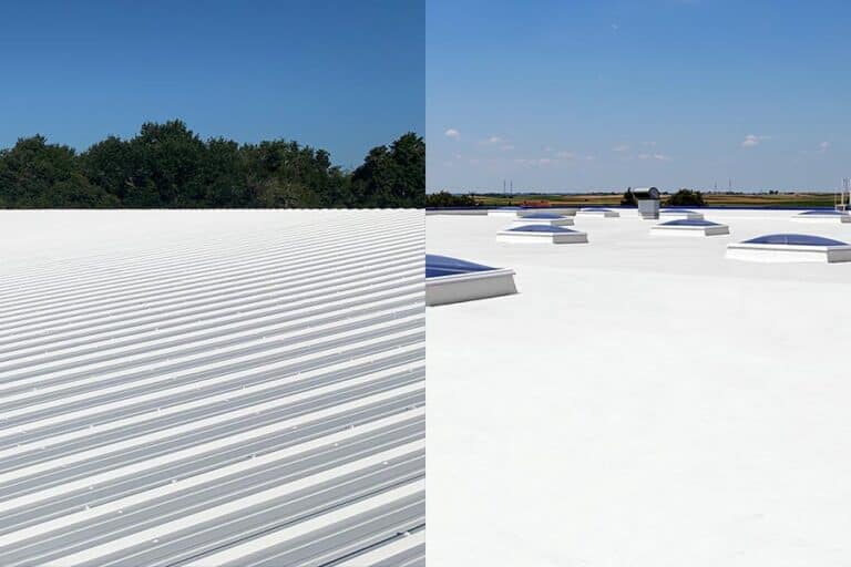 Image showing silicone roof coating applied on the left to a metal roof, and on the right to a flat roof, highlighting the versatility and protective benefits of the coating for both roof types.
