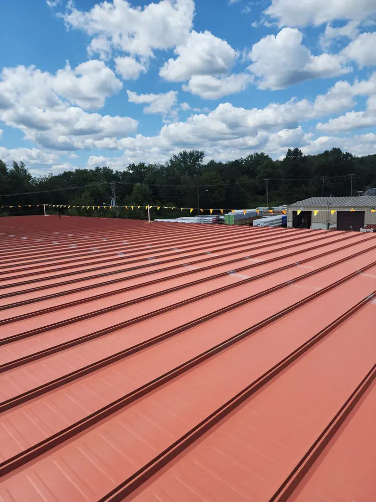 Rust inhibiting primer (Red Oxide Rust Primer 912) on standing-seam metal roof.
