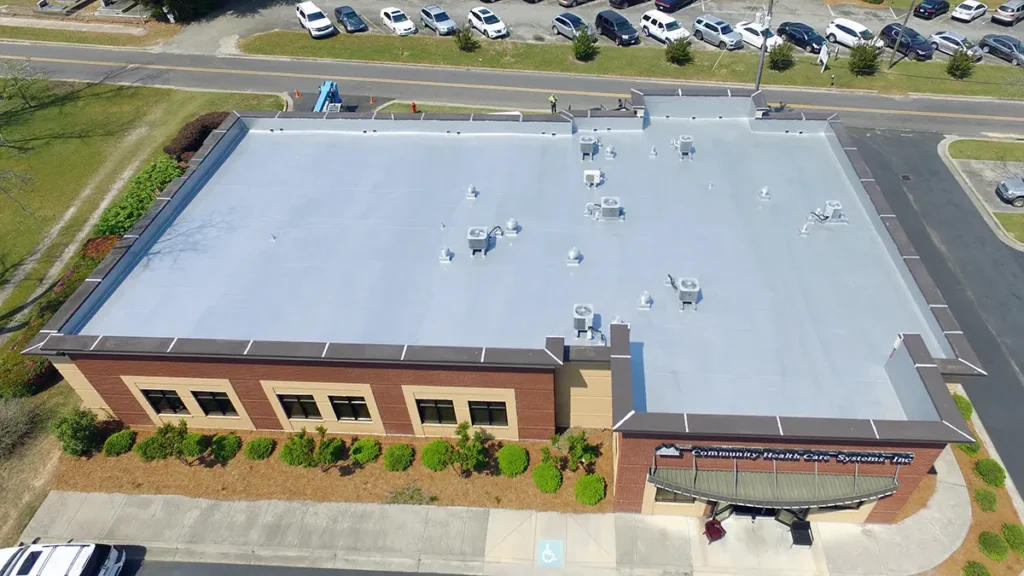 Aerial view of building roof with Urethane base coat of Ure-A-Sil system