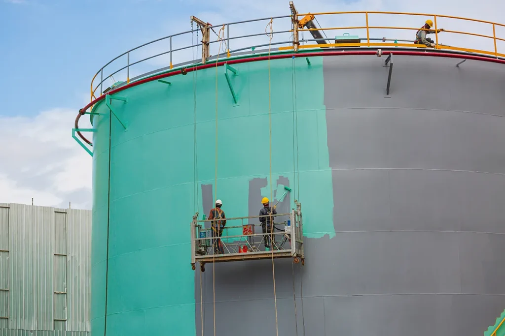 Workers rolling direct-to-metal coating on large metal tanks