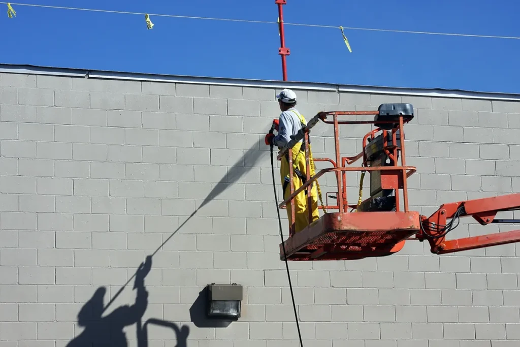Worker pressure-washing cinder brick wall in preparation for Wall-Coat acrylic wall coating system application.