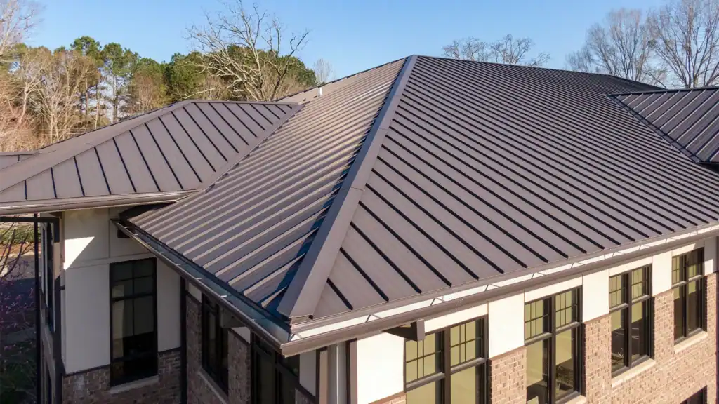 Aerial of brown metal roof on commercial building