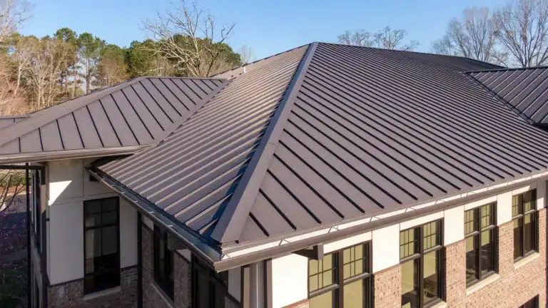 Aerial of brown metal roof on commercial building