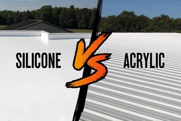 Image comparing silicone and acrylic commercial roof coating systems, with one side showcasing the silicone system and the other displaying the acrylic system, highlighting their differences in application and protection.