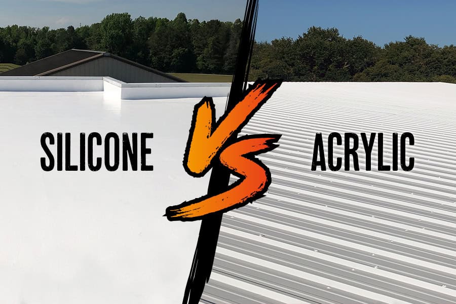 Image comparing silicone and acrylic commercial roof coating systems, with one side showcasing the silicone system and the other displaying the acrylic system, highlighting their differences in application and protection.