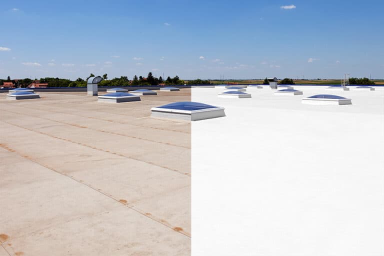 Side-by-side comparison of a commercial flat roof before and after the application of a roof restoration system, showcasing the transformation in surface condition and protection.