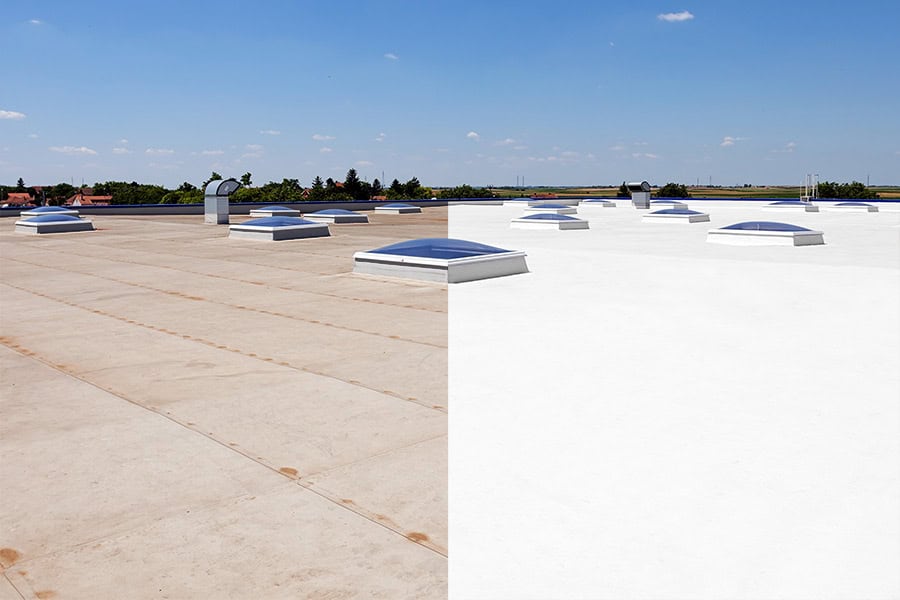 Side-by-side comparison of a commercial flat roof before and after the application of a roof restoration system, showcasing the transformation in surface condition and protection.