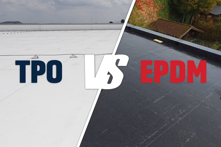 Comparison image showing TPO roofing system on the left and EPDM roofing system on the right, highlighting the differences in material and application between the two commercial roof types.
