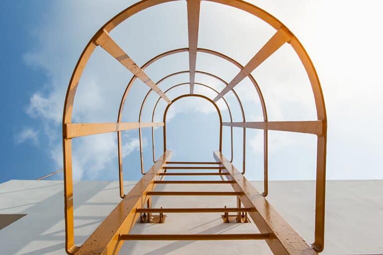 Ladder securely attached to the side of a building, providing easy and safe access to the roof for maintenance or inspection.