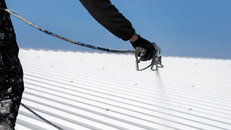 Roofing contractor spray applying roof coating to commercial metal roof