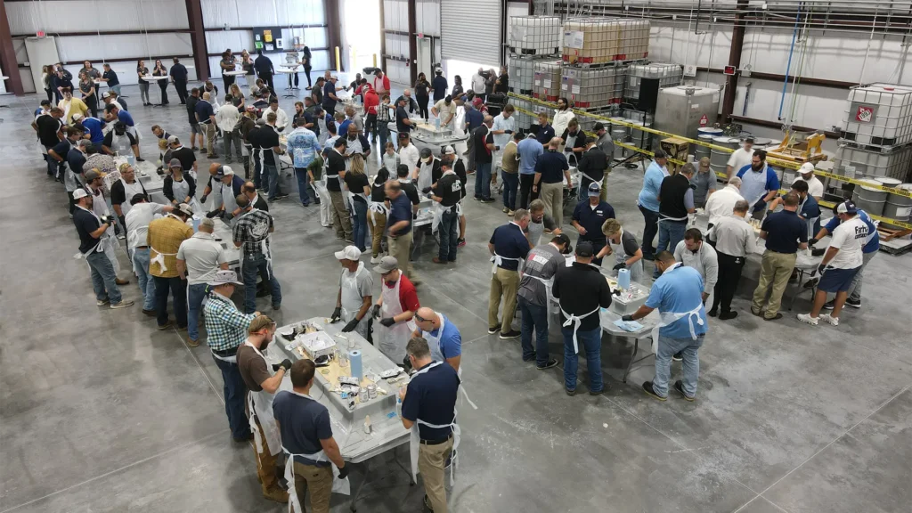 Large group of roofing contractors doing hands-on training at FAST Academy