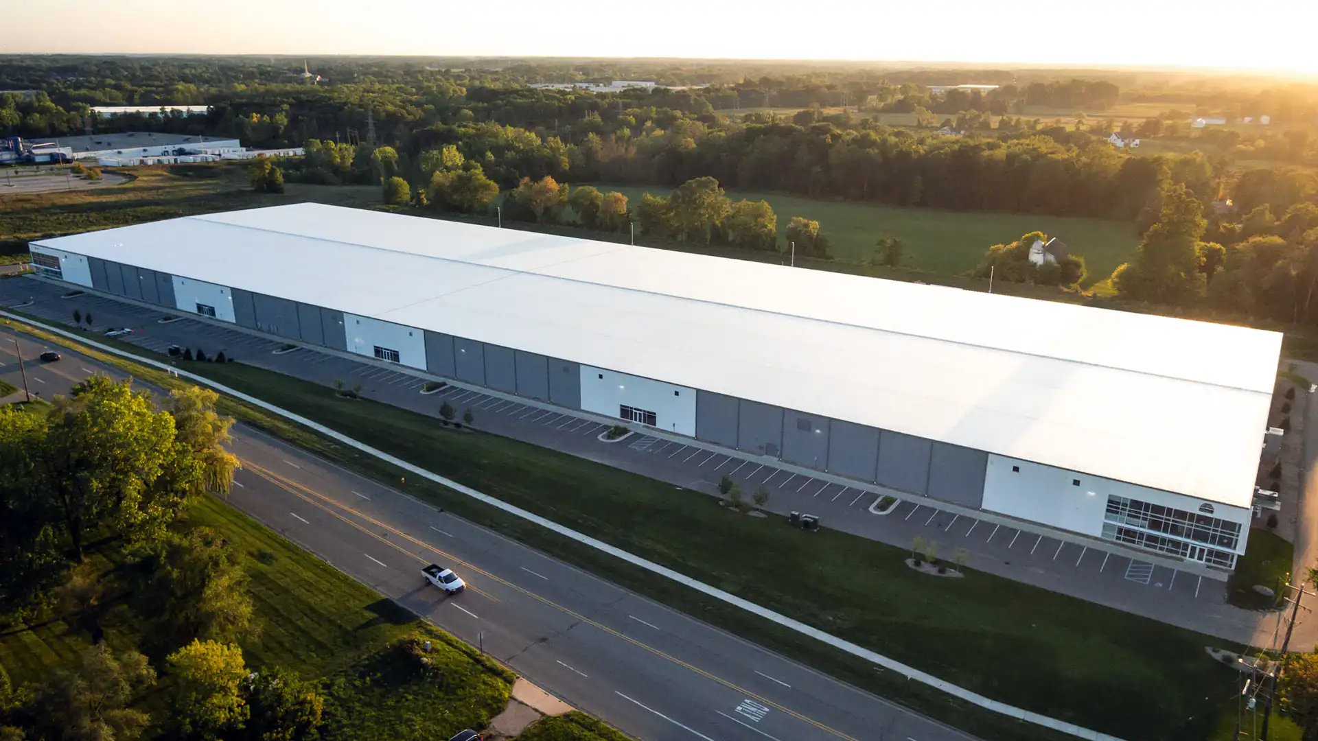 Large industrial building with metal roof