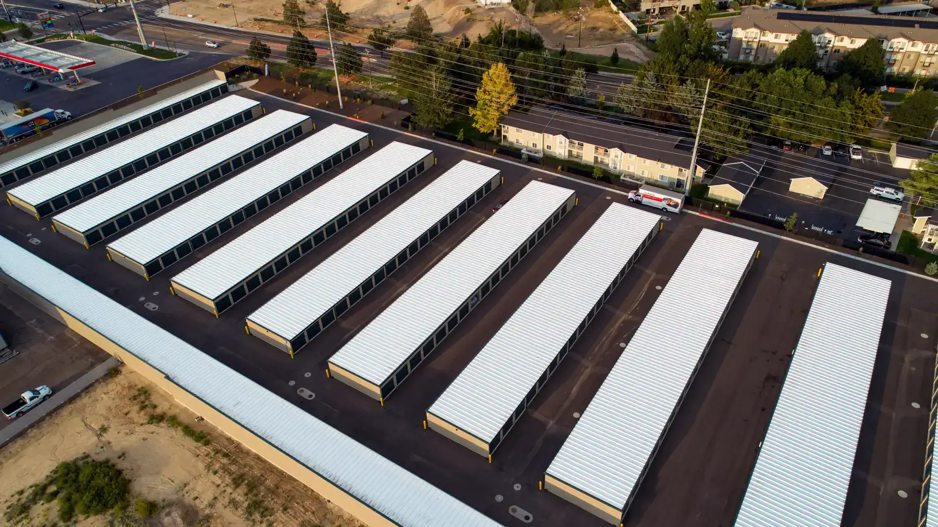 Aerial view of storage unit roofs